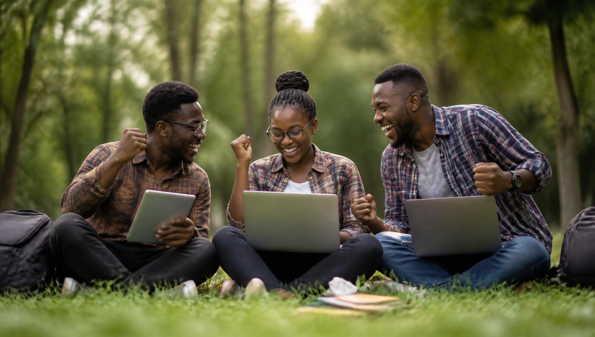 Étudiants africains souriants travaillant ensemble en plein air